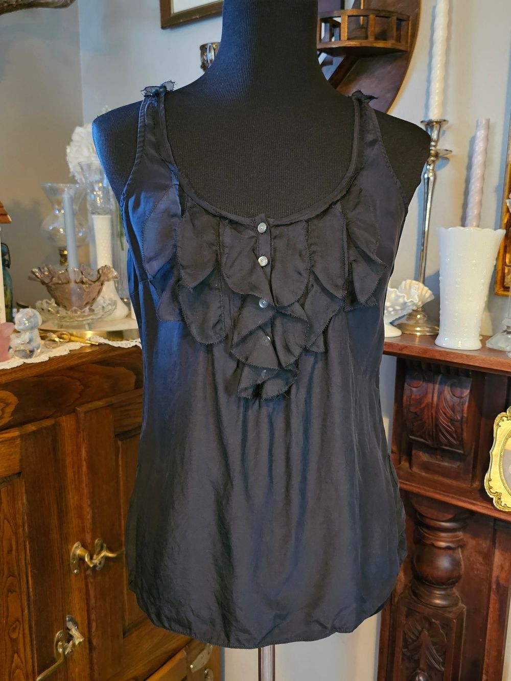 Y2K White House Black Market Black Silk Ruffle Tank Top XS Office Siren